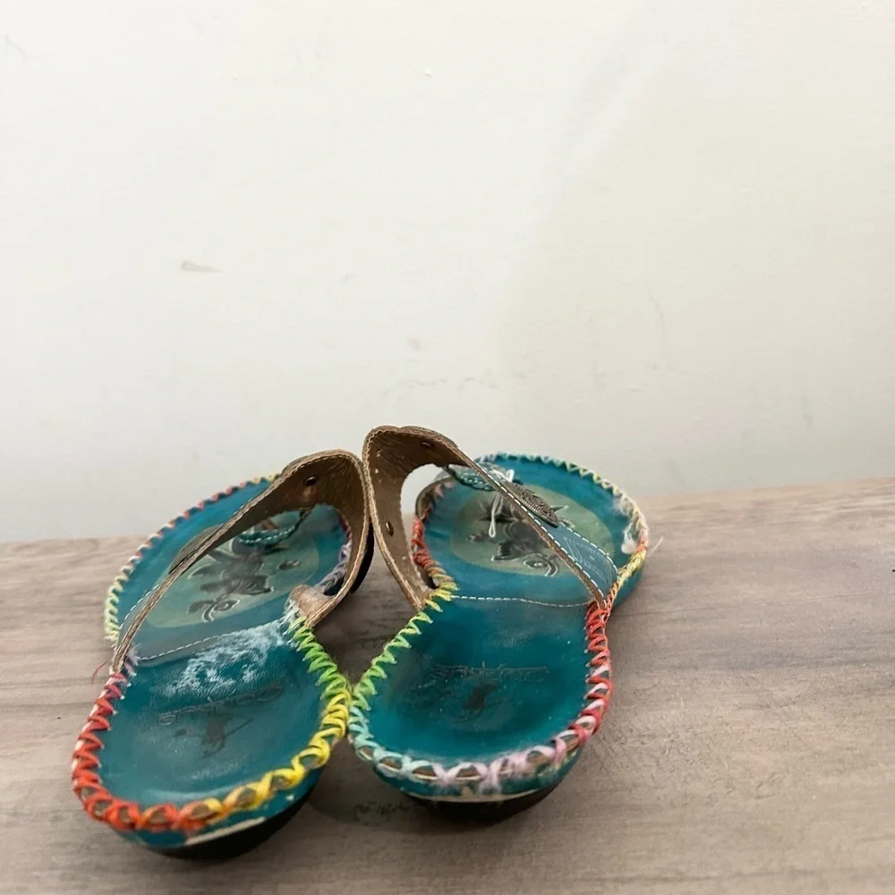 CORKYS POPPY TURQUOISE HAND PAINTED LEATHER SANDALS SIZe 9.5